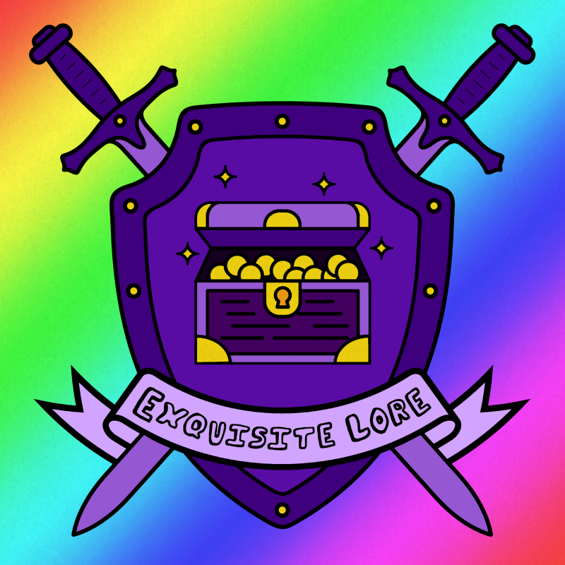 Photo of the Exquisite Lore logo. The background is a bright rainbow gradient & on it there is a medieval crest with a shield & two swords crossed behind the shield. Both are purple with yellow accents. In the center of the shield is a purple treasure chest. The lid is open & glowing & there is gold inside. A light purple banner at the bottom reads "Exquisite Lore" in an outlined font.